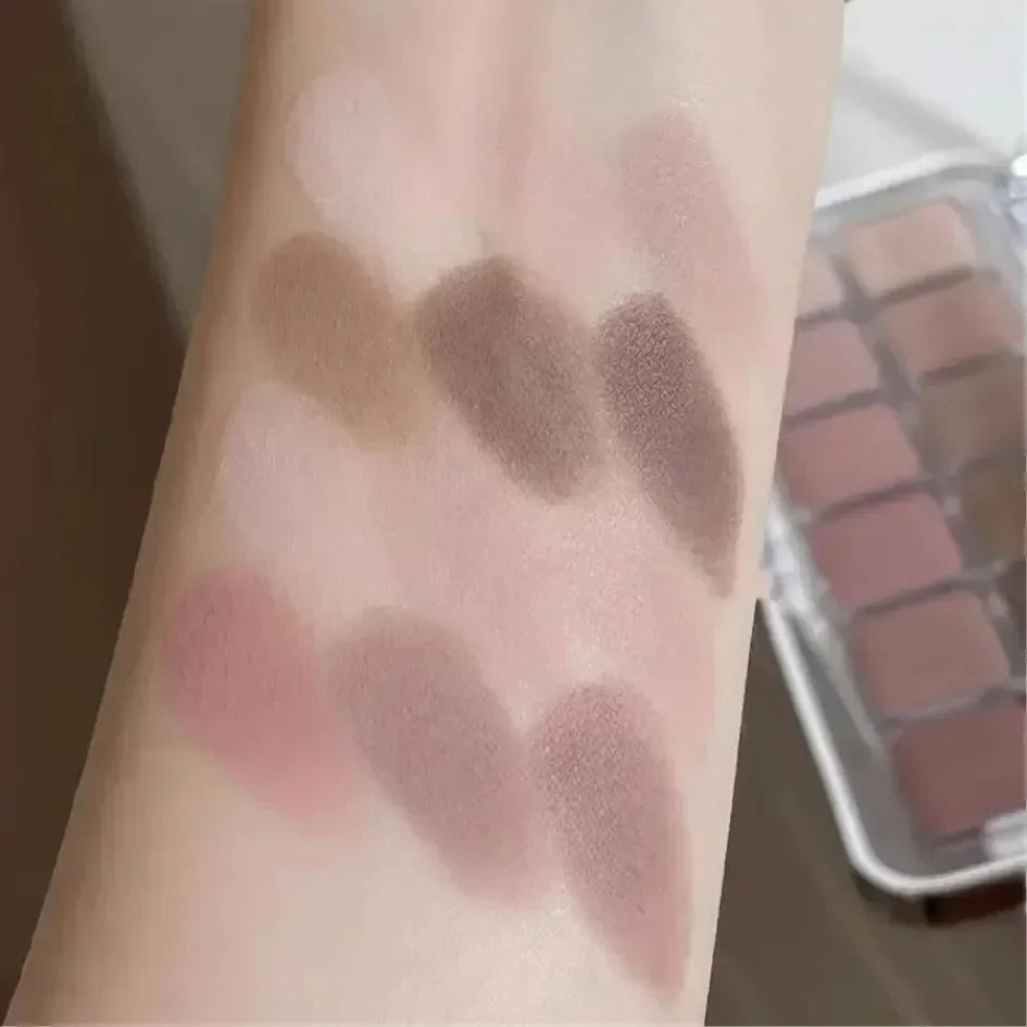 12-color low-saturation earthy pink-purple eyeshadow palette | Matte, pearlescent, and glitter textures | High color payoff
