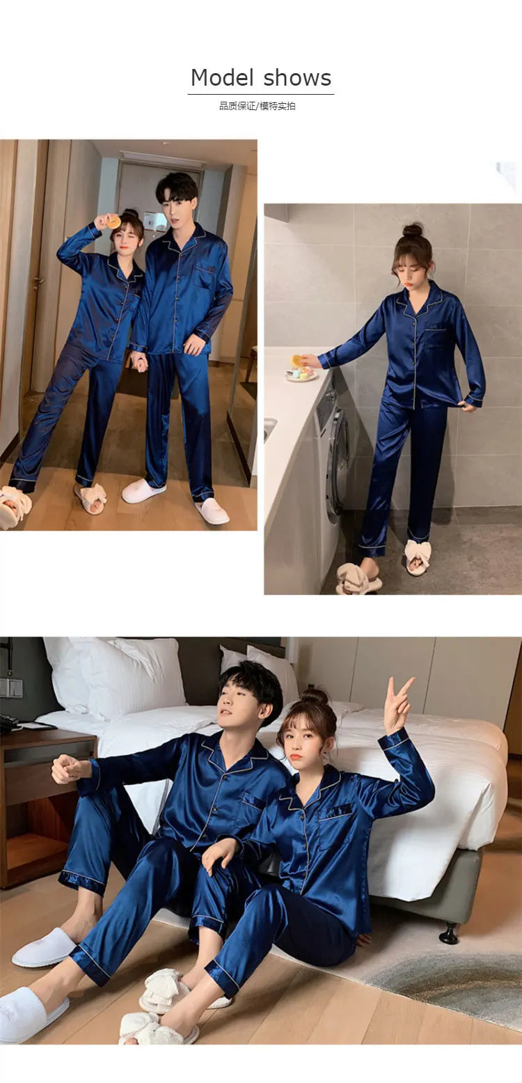 Sleepwear Couple Silk Satin Solid Color Pajama Sets Long Button-Down Pijama Plus Size Home Clothes Pyjamas Women Men Loungewear