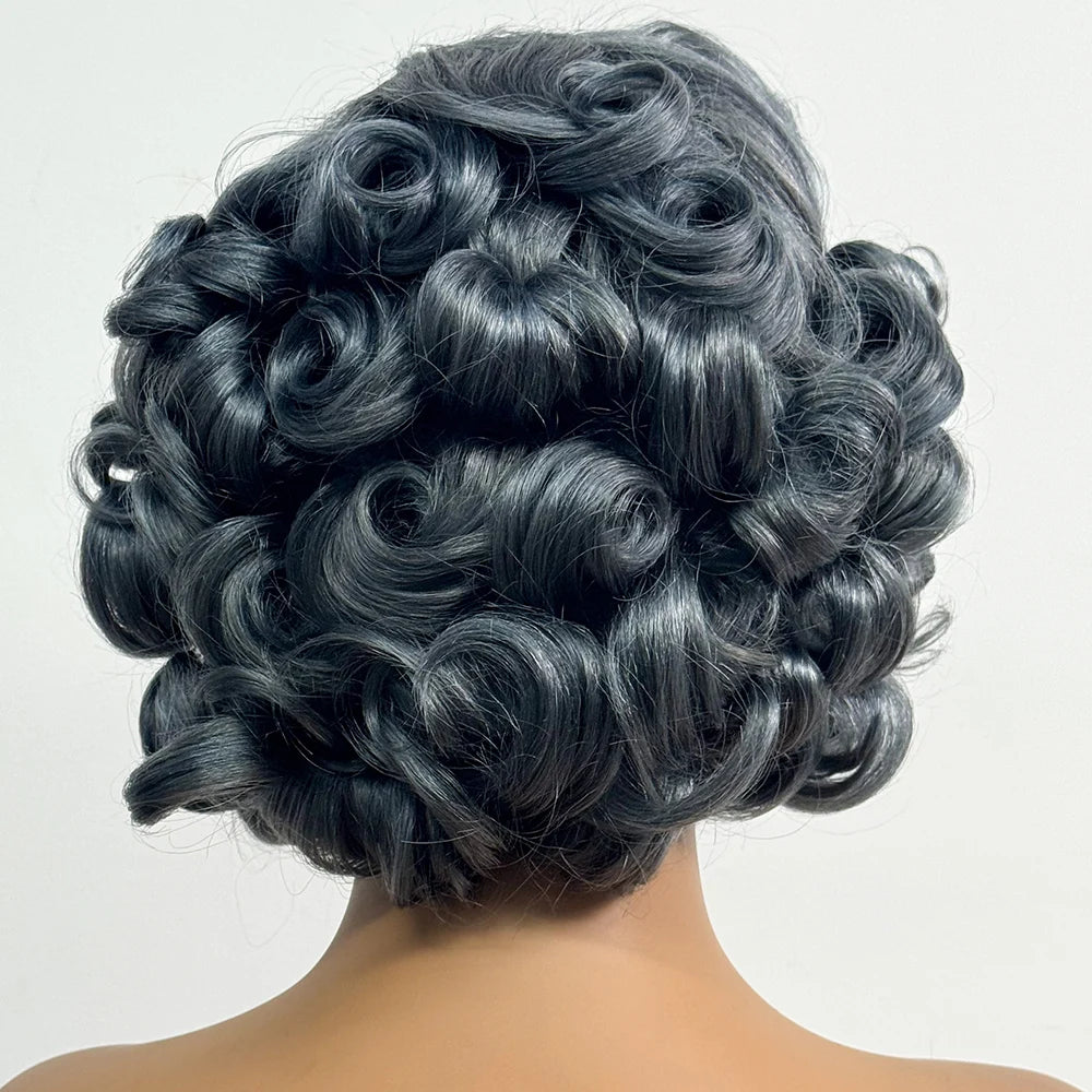 13x4 Transparent Lace Frontal Wigs Loose Bouncy Curly Human Hair Wig 250% Density Gray Short Wave Curly Wigs for Black Women