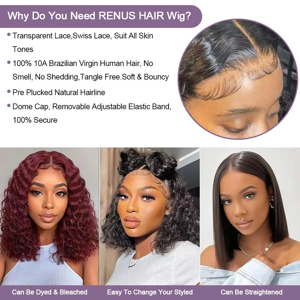 Human Hair Bob Pixie Cut Wig Double Knots Glueless Curly Water Wave 13x4 Pre-Cut Bleached No Glue Wig Remy 30s Easy Install