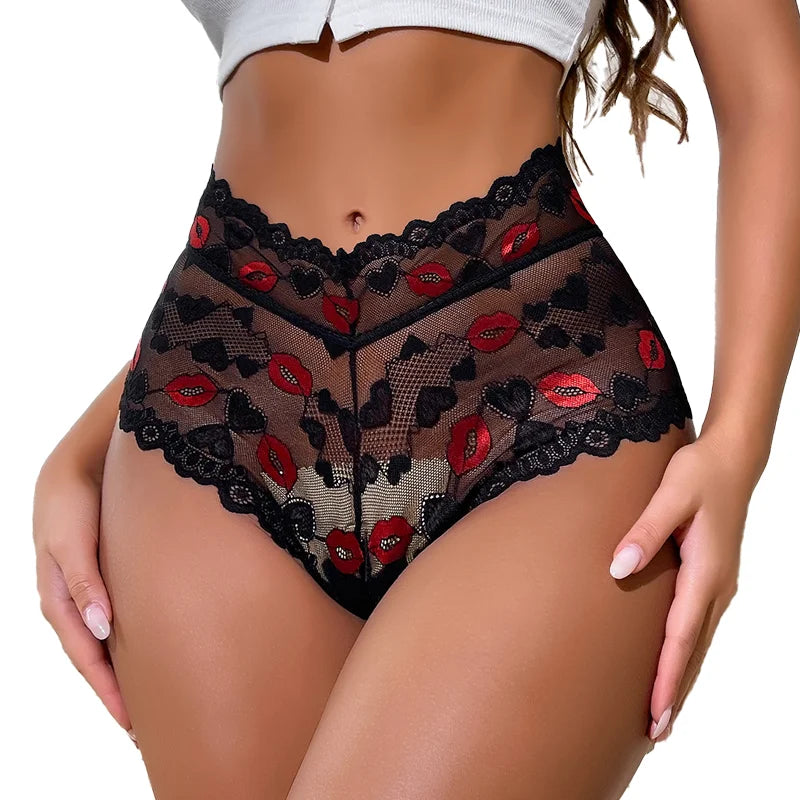 2026 High-Waisted Lace Panties for Women Lip Pattern Sheer Mesh Underwear Elastic Waist Comfortable Sexy Fashionable Briefs