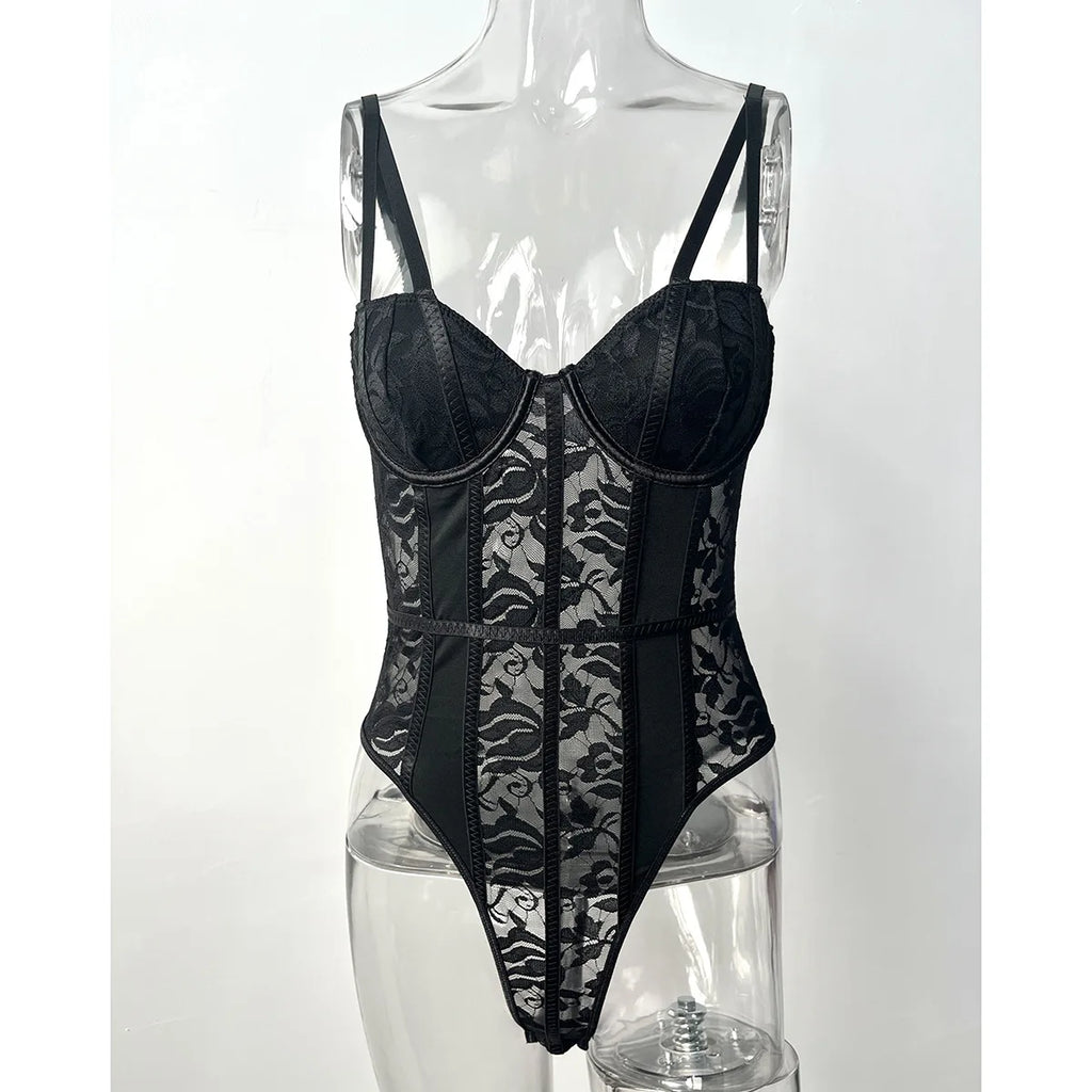 Sexy Lace Bodysuit for Women Bodies Elegant Women's Top 2025 New Summer Solid Bodycon Ribbed Bodysuits