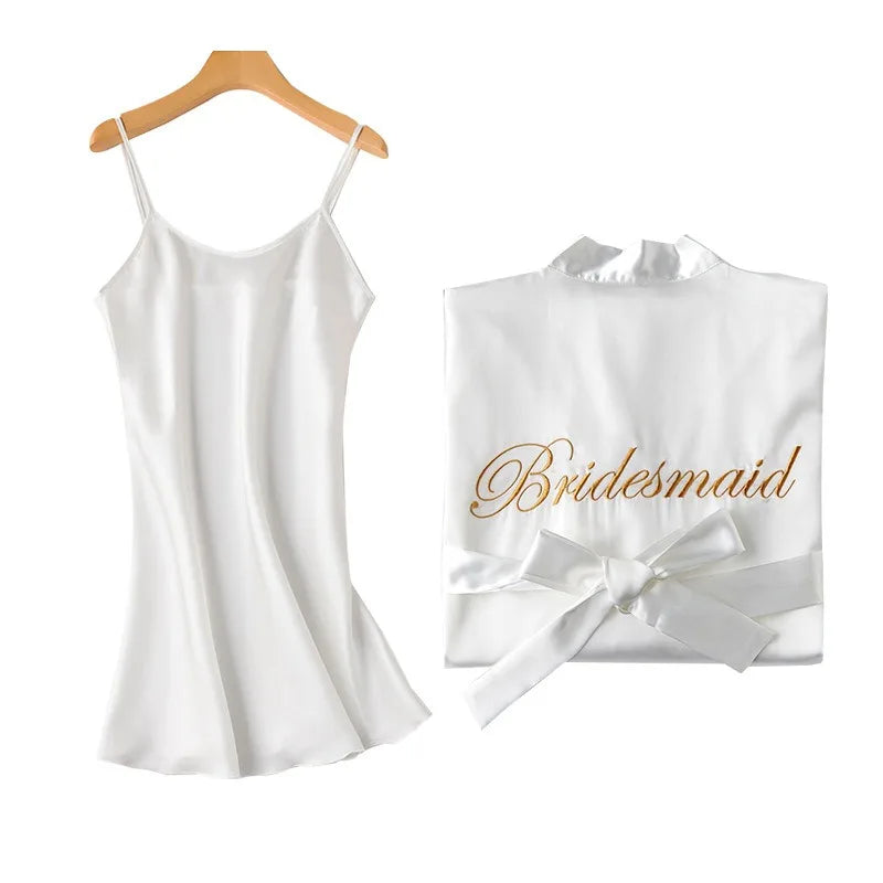 Embroidered Satin Silk Robe Cami Slip Set – Bridal Bridesmaid Wedding Sleepwear Nightdress for Women