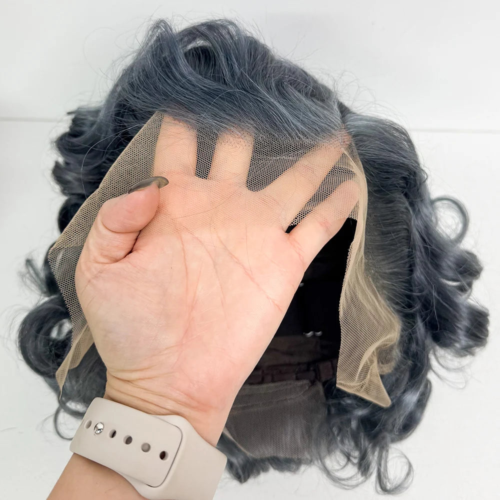 13x4 Transparent Lace Frontal Wigs Loose Bouncy Curly Human Hair Wig 250% Density Gray Short Wave Curly Wigs for Black Women