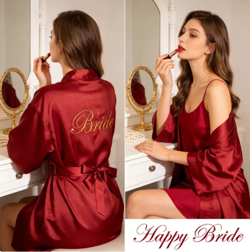 Embroidered Satin Silk Robe Cami Slip Set – Bridal Bridesmaid Wedding Sleepwear Nightdress for Women