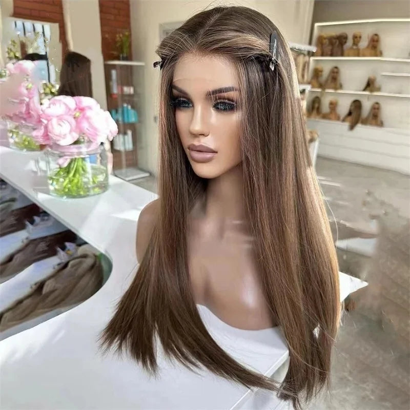 Synthetic Lace Front Front Wig Brown Straight Wig 13×4 Synthetic Glueless Wig Mix Blonde Hairline High Quality Natural Lace Wig