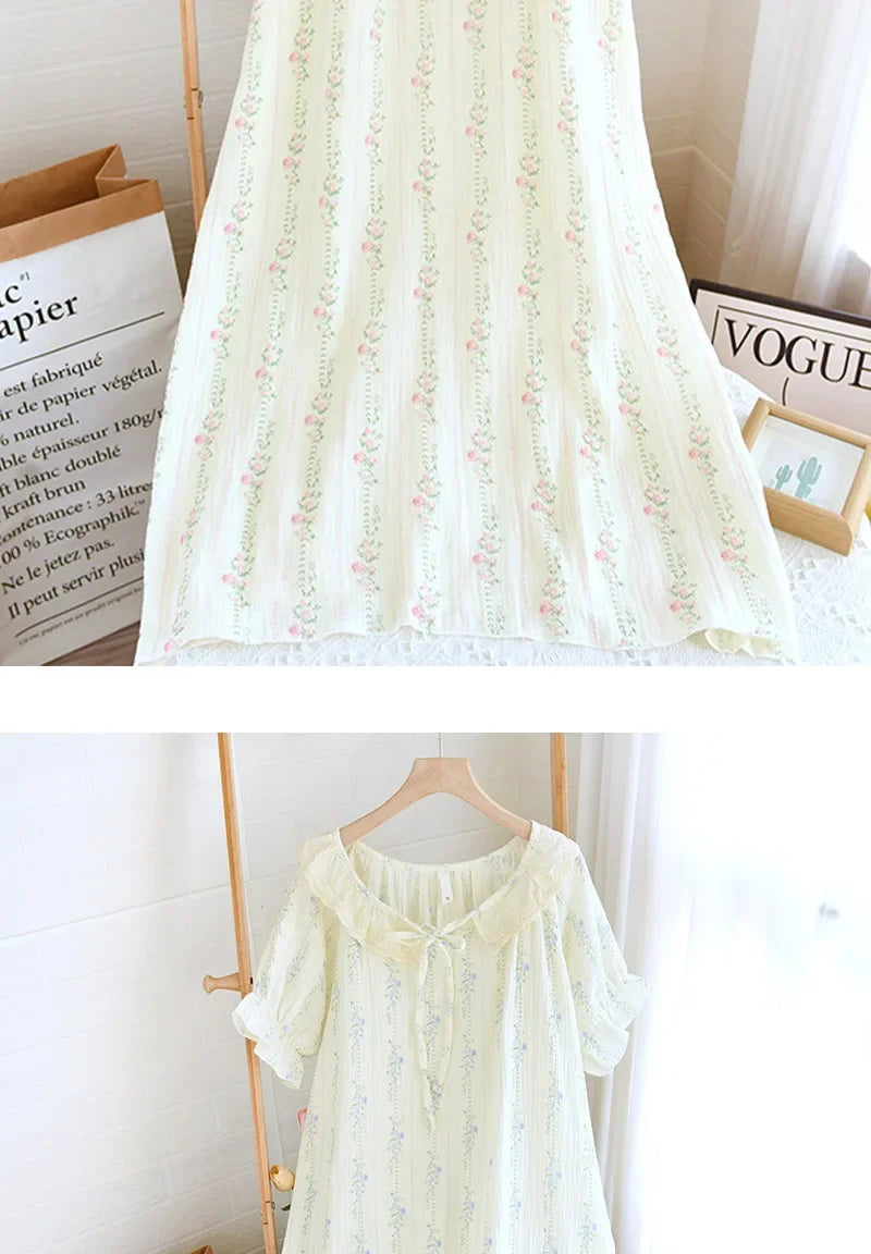 Summer Cotton Nightgown Fresh Round Neck Women's Home Wear Loose Thin Sleepwear Dress Night Wear Lenceria Femenina