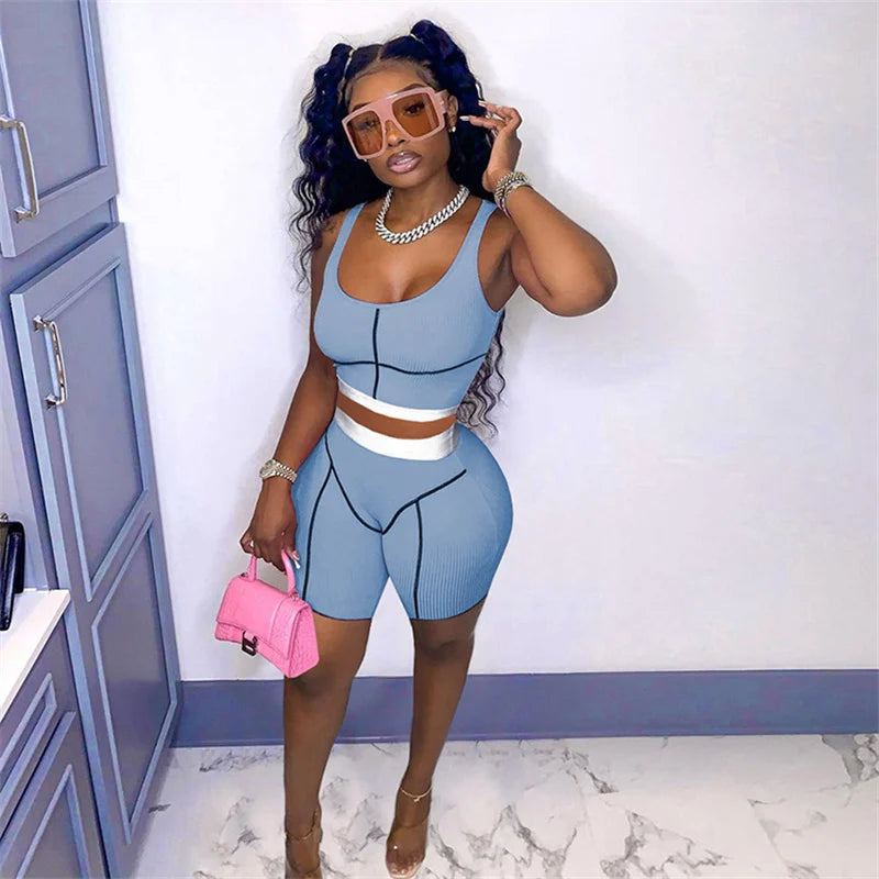 Knitted Ribbed Striped 2 Piece Sets Summer Outfits for Women 2023 Crop Top and Shorts Casual Matching Sets Sportwear Sweatsuits