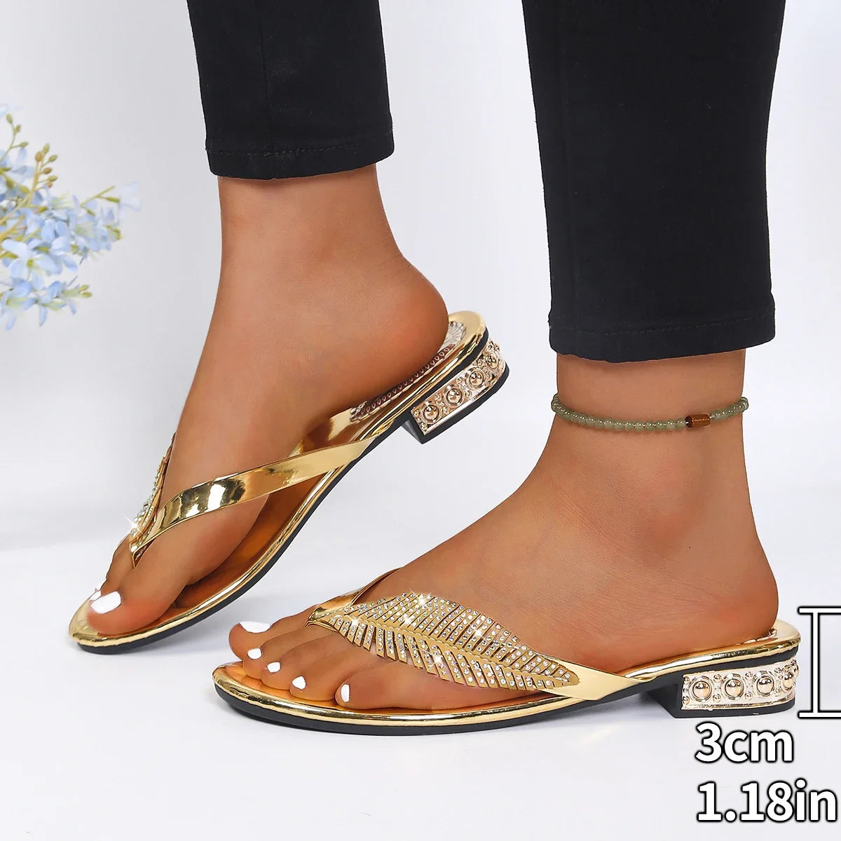 Rhinestone Leaves Clip Toe Sandals for Women Summer 2026 Low Square Crystal Heels Gladiator Shoes Slippers Woman Gold Flip Flops