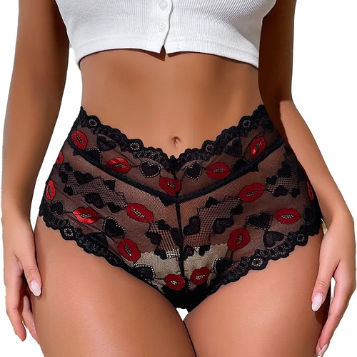 2026 High-Waisted Lace Panties for Women Lip Pattern Sheer Mesh Underwear Elastic Waist Comfortable Sexy Fashionable Briefs