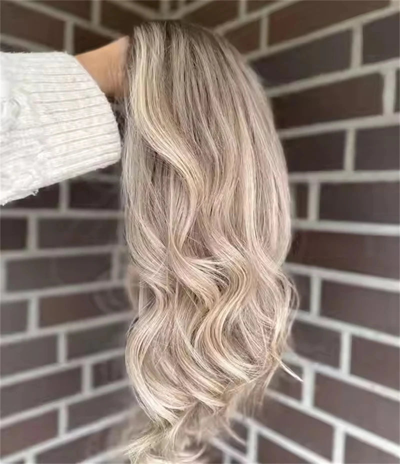 Invisible Transparent Lace Ombre Platinum Blonde Wig with Dark Roots Party Wigs Lace Front Wig Synthetic HD Wigs For Women 20''