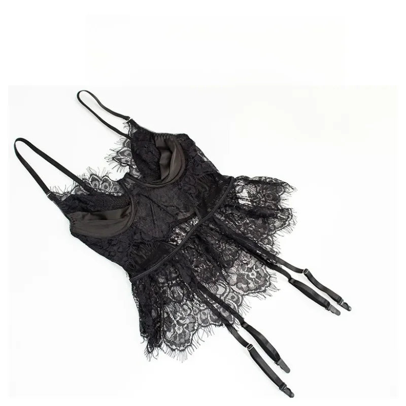 Sexy Lace Erotic Lingerie Women's Underwear Set Lace Mesh See-through 3-piece Set Sexy Babydoll Dress Suit with Stocking Garters