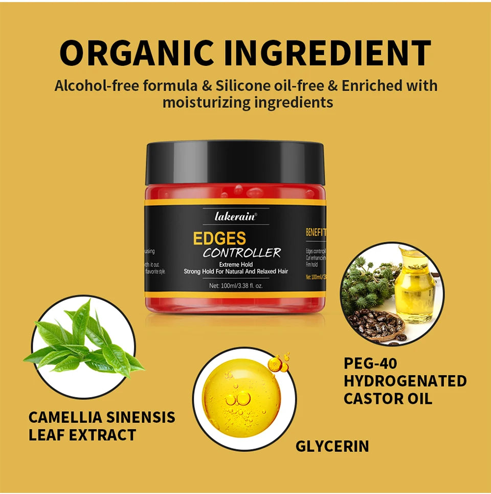 Edge Control Strong Hold Hair Gel Thick Edges Styling Gel Non-Greasy Non-Flaking No White Cast Long Lasting Supports All Hair Ty