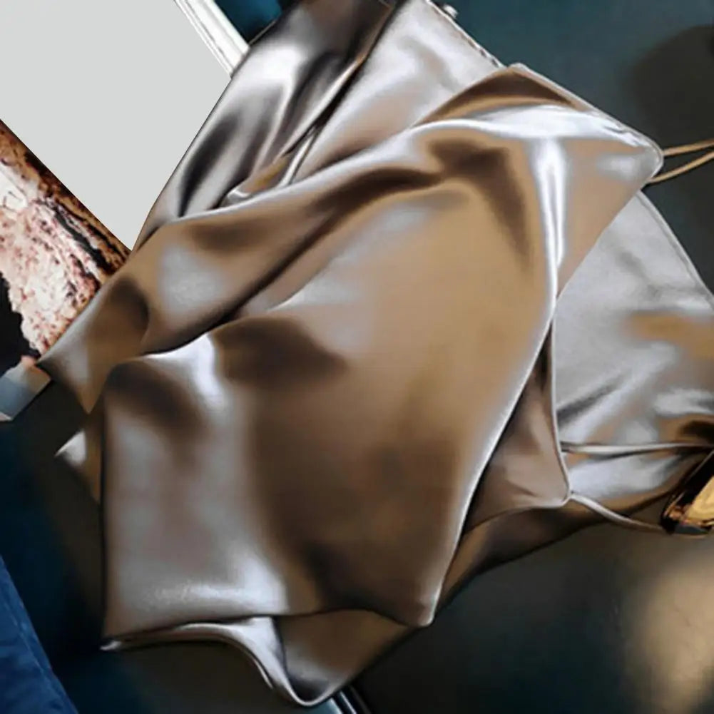 Women Slip Dress Silky Satin V Neck Backless Sleeveless Spaghetti Strap Prom Party Dress A-line Loose Hem Strappy Dress