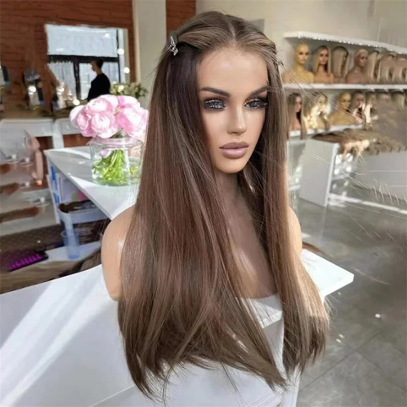 Synthetic Lace Front Front Wig Brown Straight Wig 13×4 Synthetic Glueless Wig Mix Blonde Hairline High Quality Natural Lace Wig