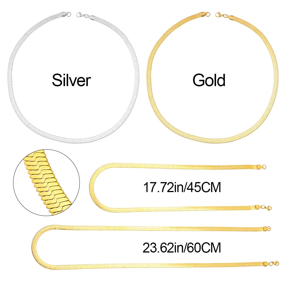 Stainless Steel Flat Snake Link Chain Herringbone Choker Necklace Waterproof Filmy Snake Chain Simple Clavicle Necklace Jewelry