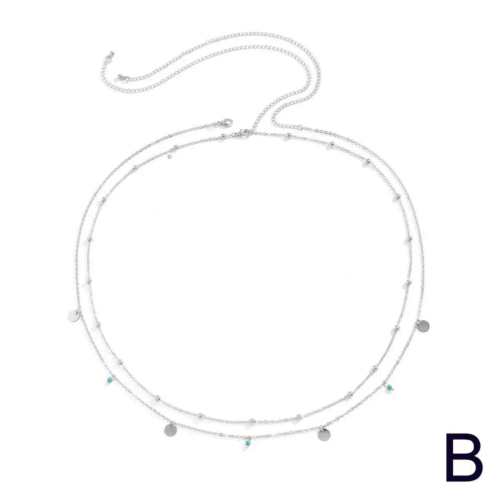 Boho Minimalism Multilayer Waist Beads Simple Tassel Sequin Waist Chain Leisure Hip-hop Double-layer Turquoise Body Waist Chain