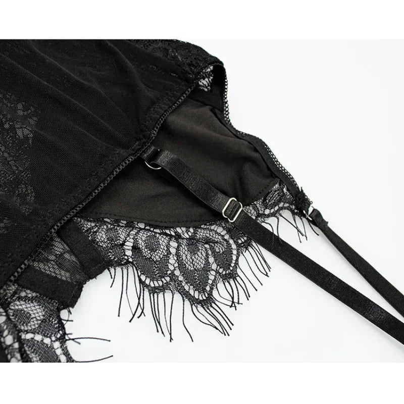 Sexy Lace Erotic Lingerie Women's Underwear Set Lace Mesh See-through 3-piece Set Sexy Babydoll Dress Suit with Stocking Garters