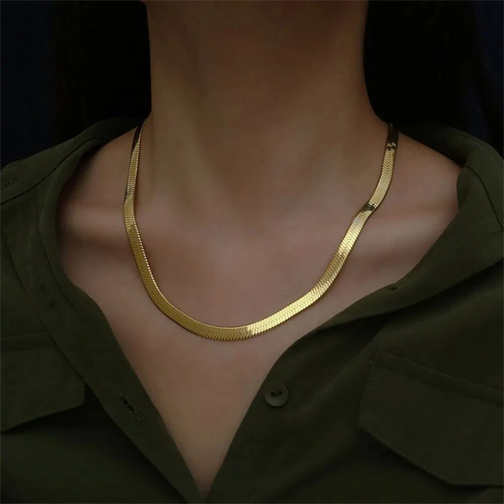 Stainless Steel Flat Snake Link Chain Herringbone Choker Necklace Waterproof Filmy Snake Chain Simple Clavicle Necklace Jewelry