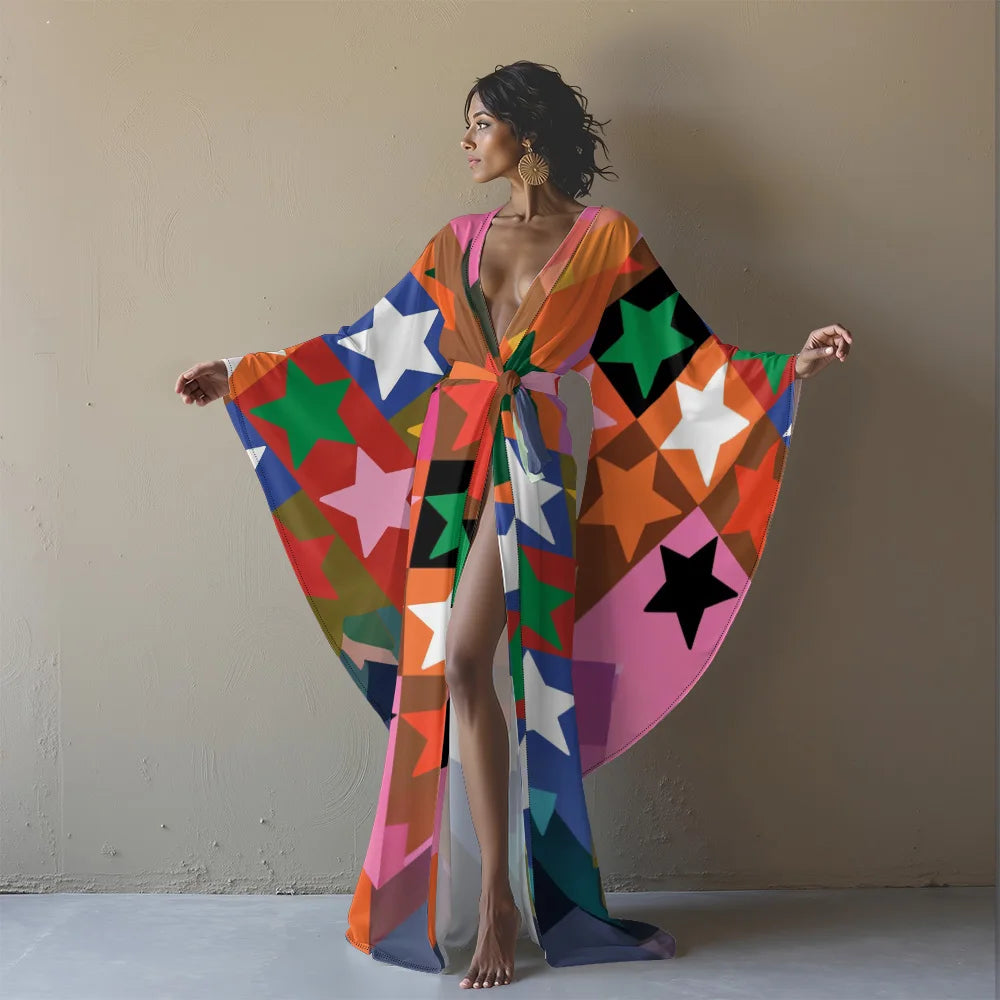 Women's Sexy Floor-Length Nightgown Super Soft & Stretchy Sleep Robe with Bohemian Star Print Deep V-Neck & High Slit Sleepwear