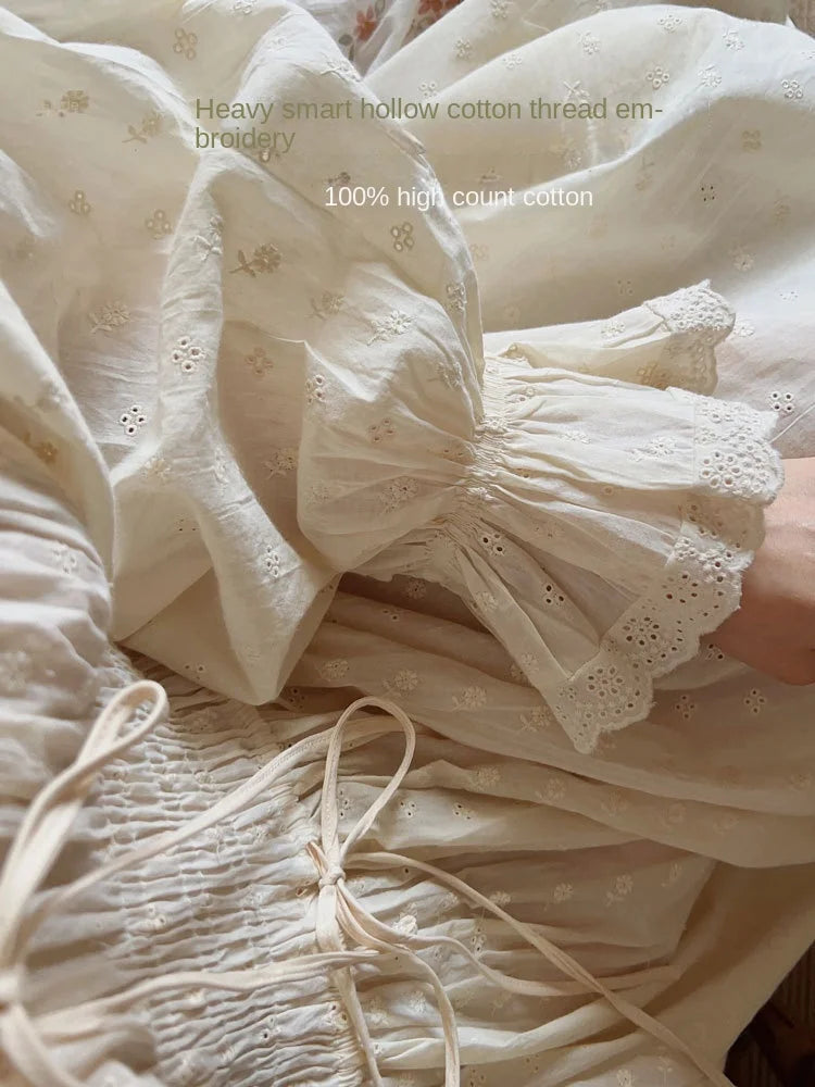 Women 100% Cotton Nightdress Embroidery French Beautiful Sleepwear Sweet Palace Retro Princess Vintage Nightgown Morning Robe