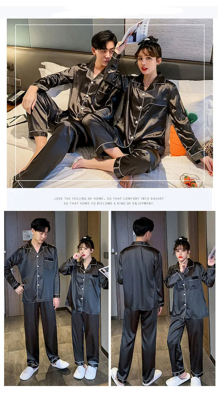 Sleepwear Couple Silk Satin Solid Color Pajama Sets Long Button-Down Pijama Plus Size Home Clothes Pyjamas Women Men Loungewear