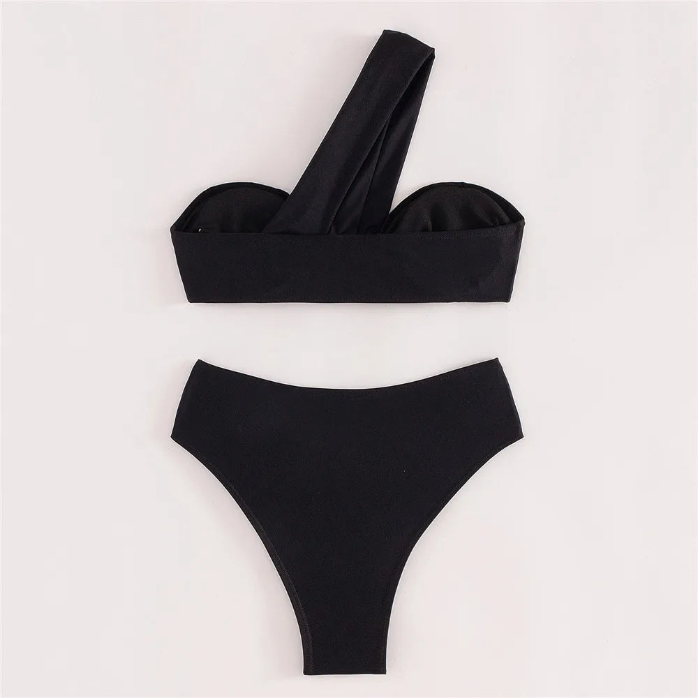 Black High Waisted Bikini Set One Shoulder Bandeau Swimwear Sexy Swimsuit Woman 2026 Bathing Suit Brazilian Bikinis Mujer Bather