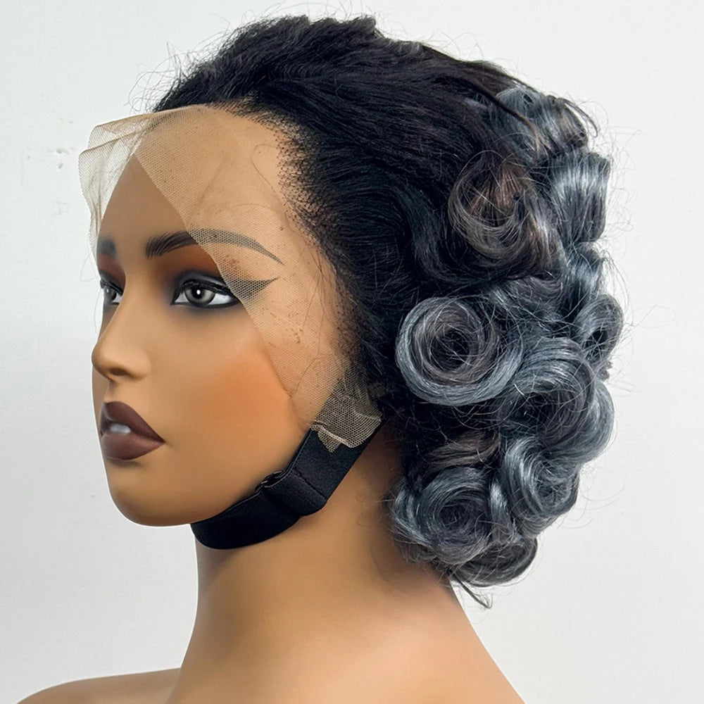 13x4 Transparent Lace Frontal Wigs Loose Bouncy Curly Human Hair Wig 250% Density Gray Short Wave Curly Wigs for Black Women