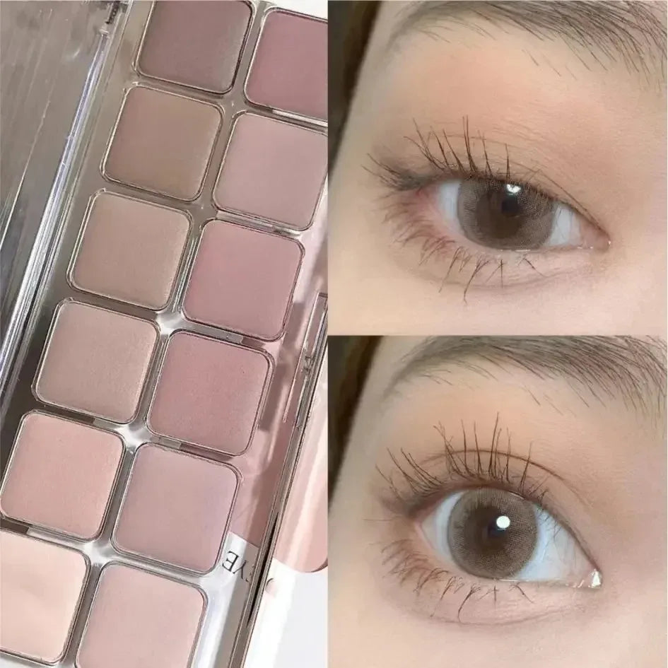 12-color low-saturation earthy pink-purple eyeshadow palette | Matte, pearlescent, and glitter textures | High color payoff