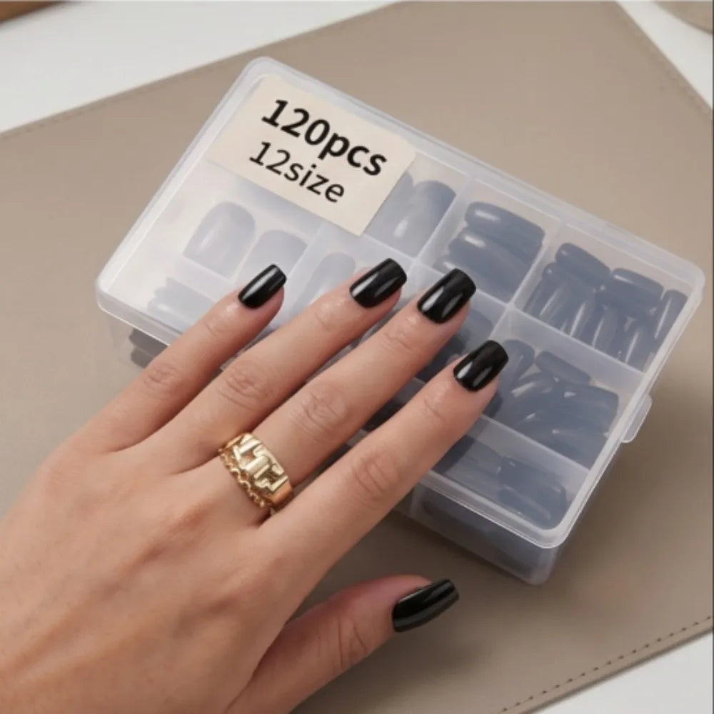 120pcs Black Press-On Nail Tips Full Coverage Ballet Shape Medium Length Solid Color Glossy Finish Durable Fake Nails Suitable