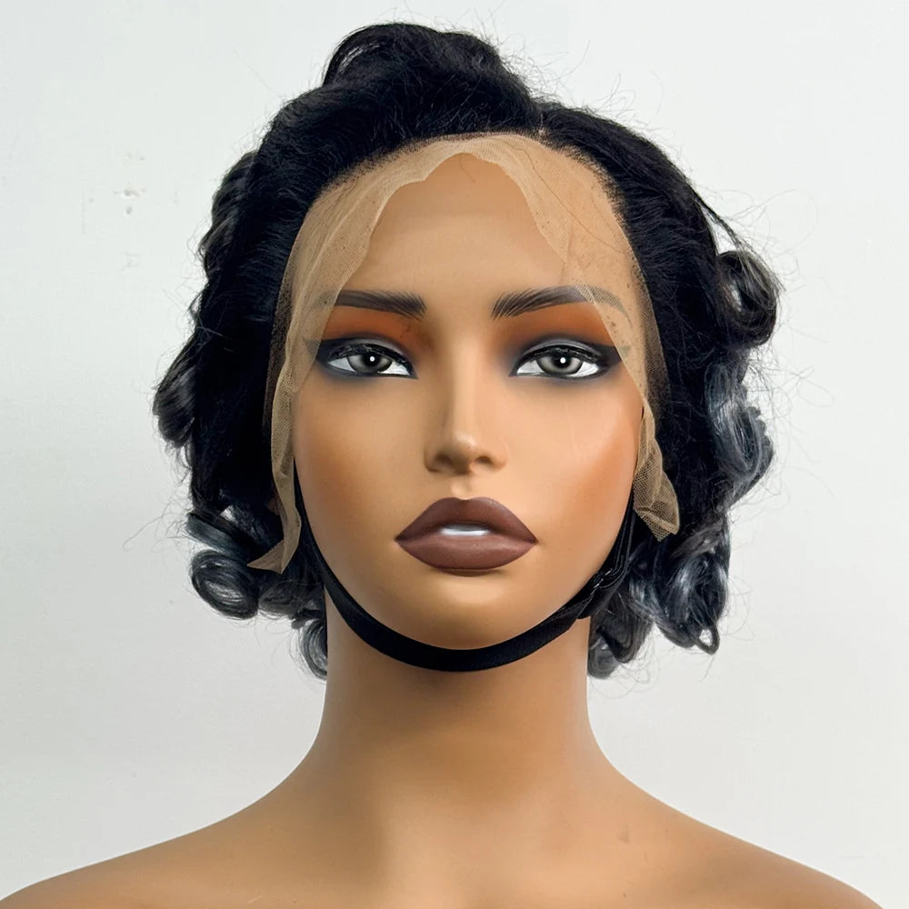 13x4 Transparent Lace Frontal Wigs Loose Bouncy Curly Human Hair Wig 250% Density Gray Short Wave Curly Wigs for Black Women