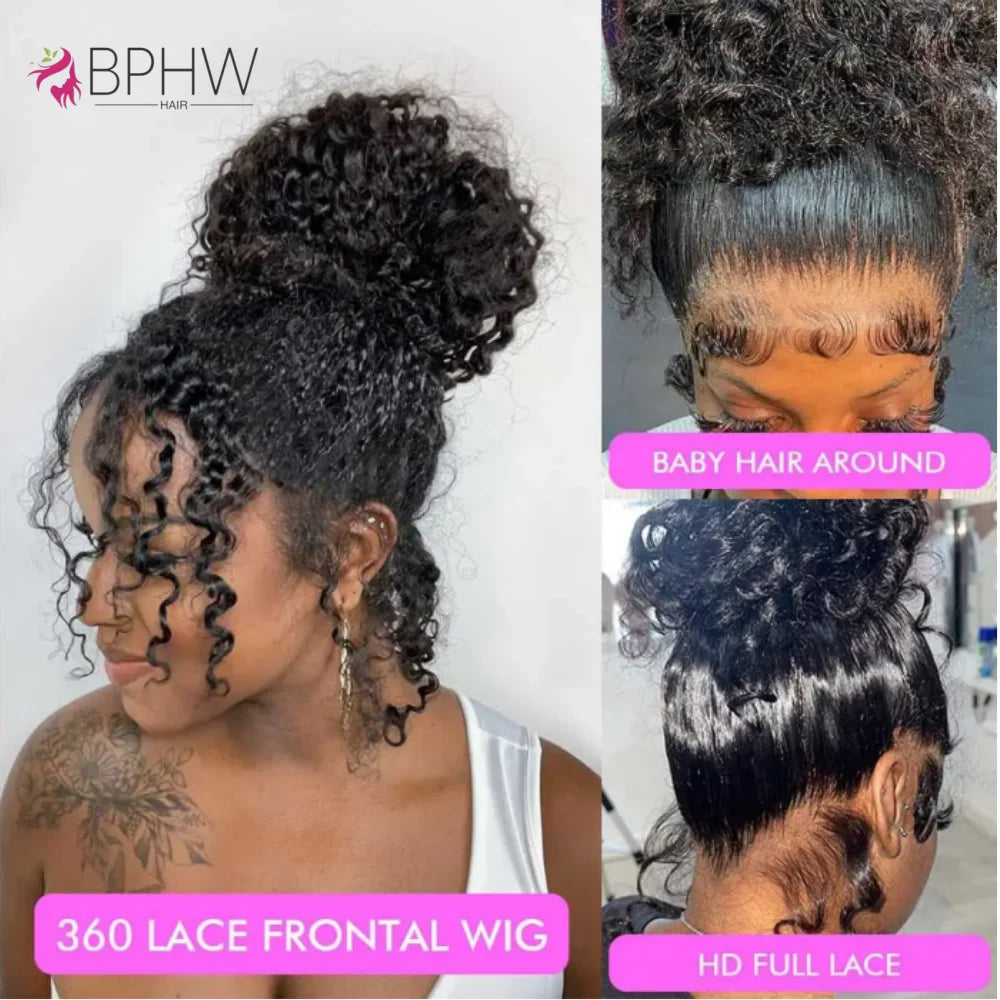 360 Full Lace Front Wig 100% Human Hair Kinky Curly Drawstring Snug Fit Glueless Wig Natural Color Invisible Strap 250 Density