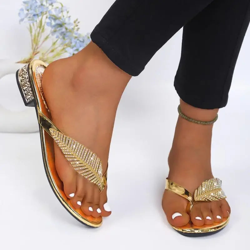 Rhinestone Leaves Clip Toe Sandals for Women Summer 2026 Low Square Crystal Heels Gladiator Shoes Slippers Woman Gold Flip Flops