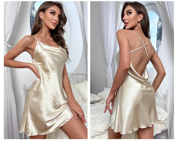 Suspender Nightgown Sleepwear Women Silk Satin Nightdress Sexy Backless Strap Sleepdress Nightwear Summer New Loose Home Wear