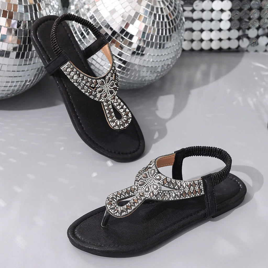 Blue Rhinestones Flat Sandals for Women Summer 2025 Bohemian Style Comfort Beach Shoes Woman Lightweight Clip Toe Roman Sandals