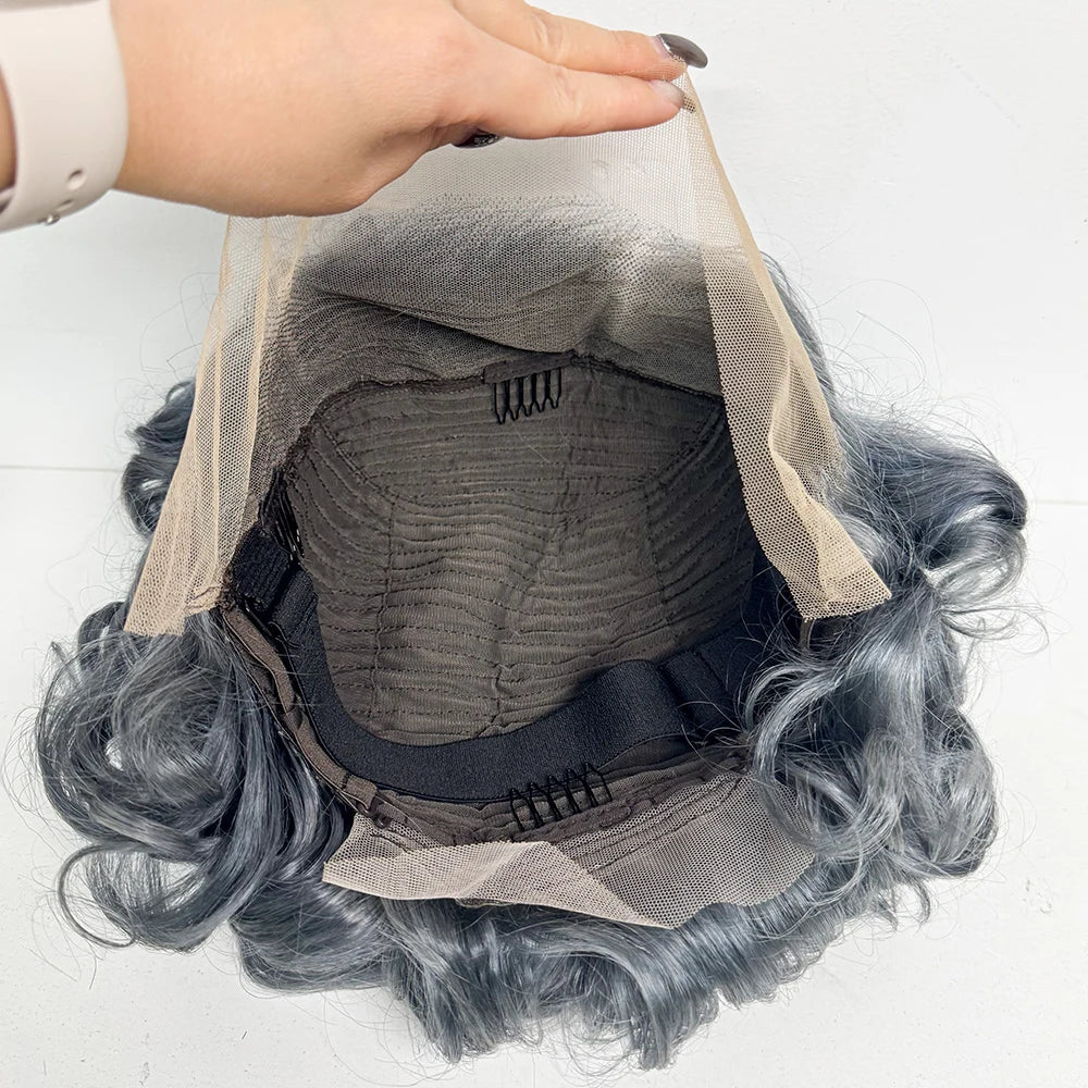 13x4 Transparent Lace Frontal Wigs Loose Bouncy Curly Human Hair Wig 250% Density Gray Short Wave Curly Wigs for Black Women