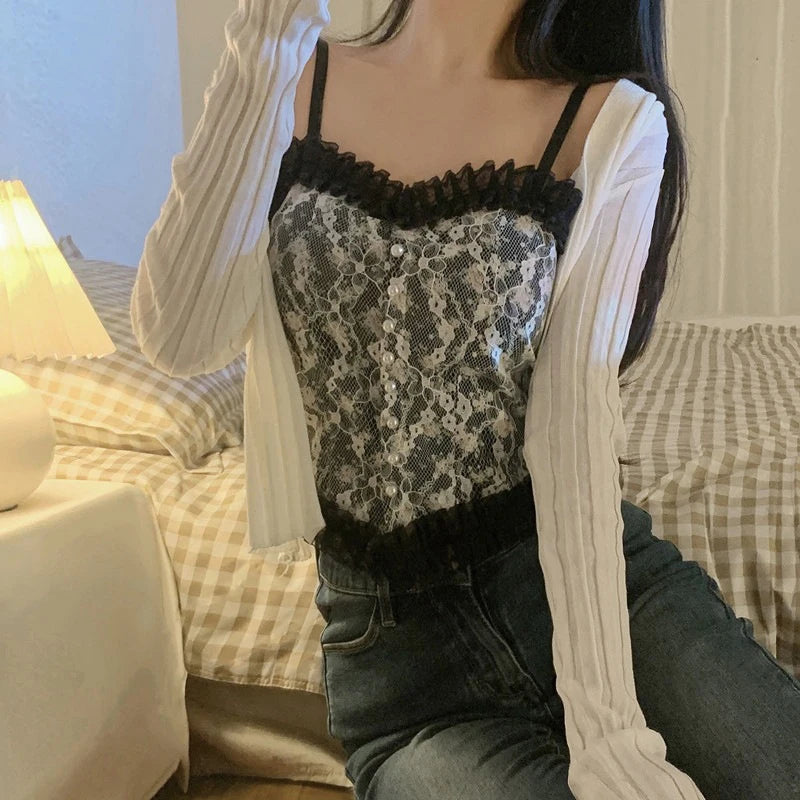 Lace Flower Print Cami Crop Tank Tops Summer Camisole Women's Tube Top Elegant Slim Short Tanks Vest Sexy Pearl Buttons Top