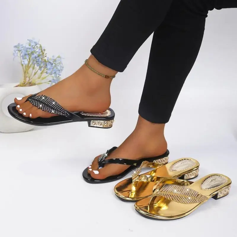 Rhinestone Leaves Clip Toe Sandals for Women Summer 2026 Low Square Crystal Heels Gladiator Shoes Slippers Woman Gold Flip Flops