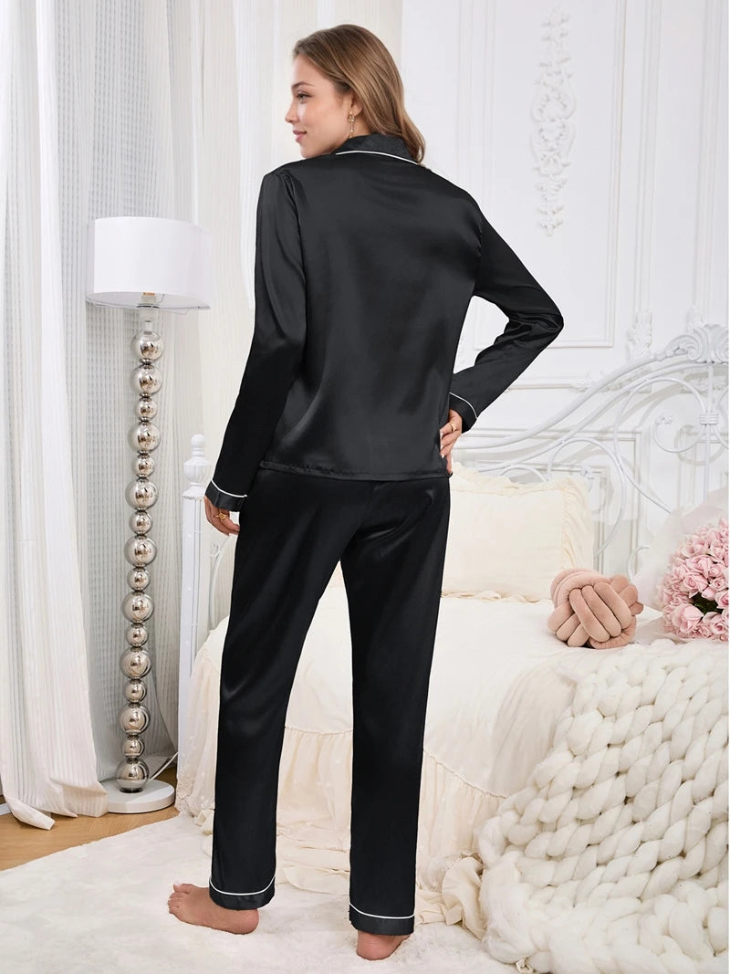Cozy Solid Satin Pajama Set Long-Sleeve Lapel Top With Pocket And Long Pant Comfortable Fit Women's Autumn Sleepwear Loungewear