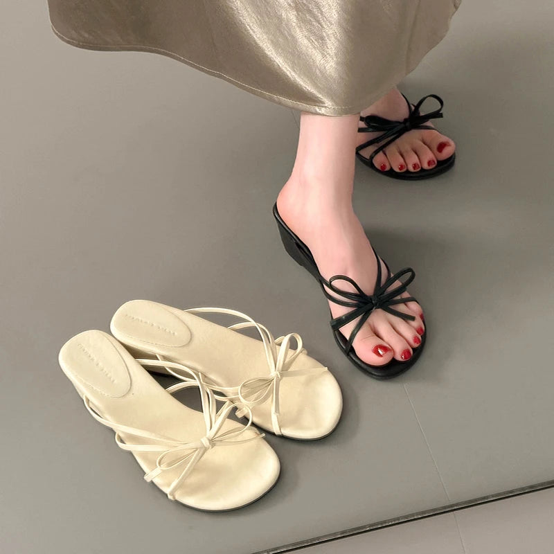 Women's Thick Heel Sandals Summer Outdoor Wear  Knot Slip-On Shoes Beach Vacation Heightening Beautiful Cool Sandals