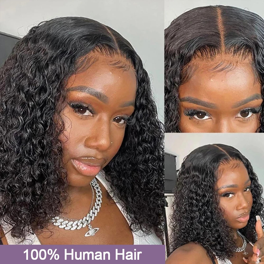 Human Hair Bob Pixie Cut Wig Double Knots Glueless Curly Water Wave 13x4 Pre-Cut Bleached No Glue Wig Remy 30s Easy Install