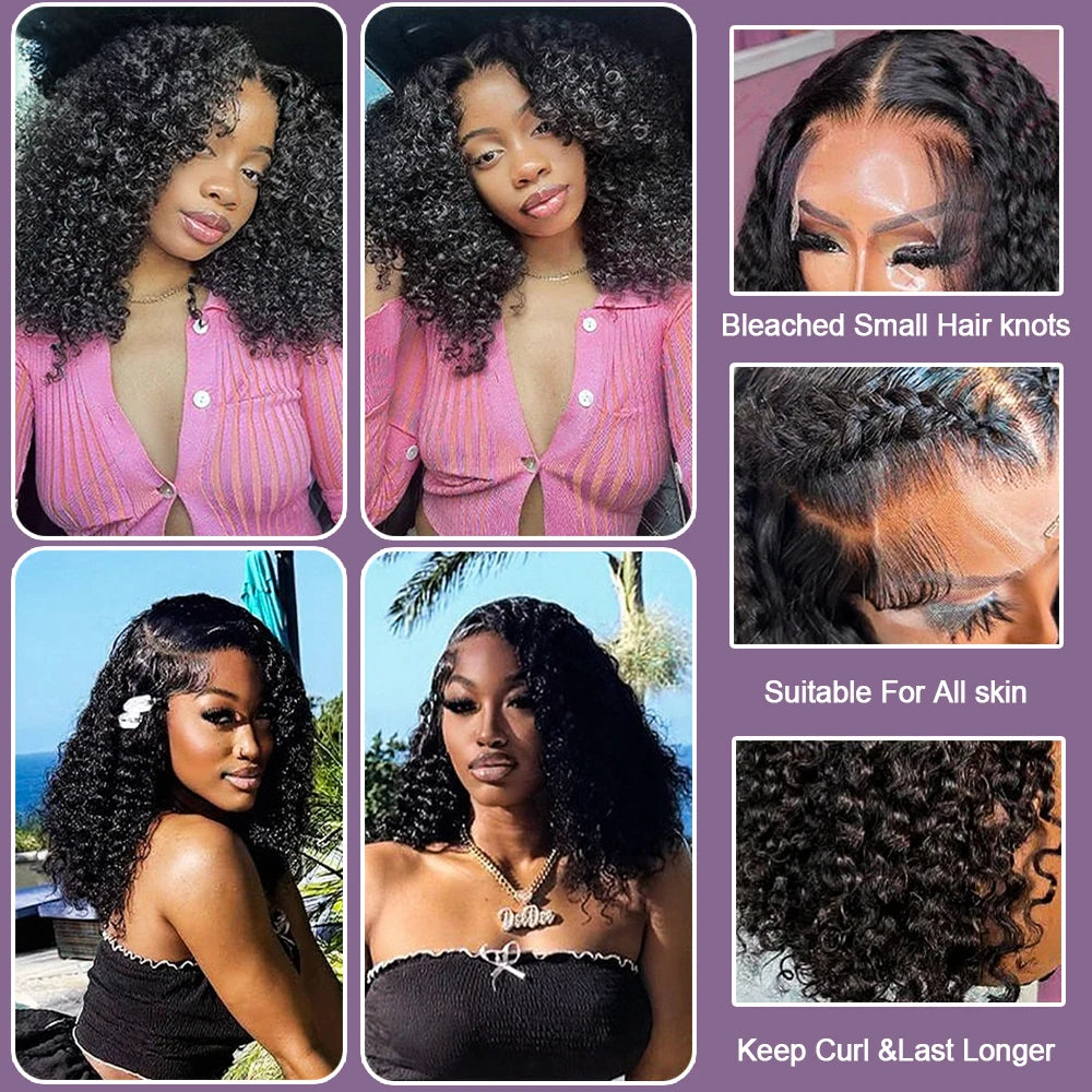 Human Hair Bob Pixie Cut Wig Double Knots Glueless Curly Water Wave 13x4 Pre-Cut Bleached No Glue Wig Remy 30s Easy Install