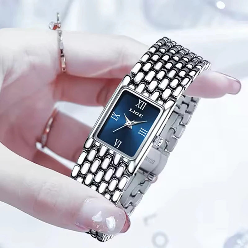 LIGE Silver Watch for Women Square Ladies Quartz Wristwatches Stainless Steel Women Small Gold Watch Luxury Casual Fashion Watch