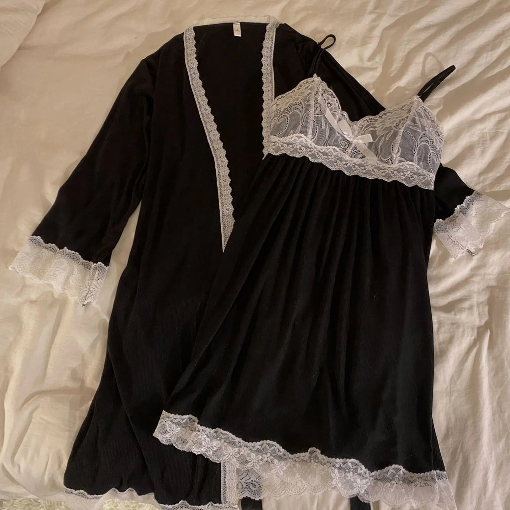 Modal Nightgowns Women Autumn Winter Sleepwear Two Piece Set Lace Sexy Long Sleeve Home Wear Clothing Casual Ladies Nightdress