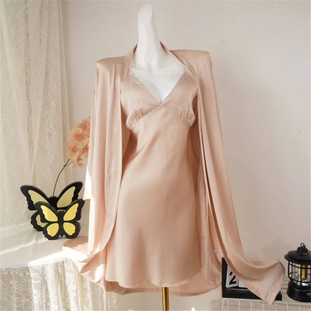 2 Pcs Nighty&Bathrobe Sets Bride Bridesmaid Wedding Robe Gown Womens Sleepwear With Belt Nightgown Loose Kimono