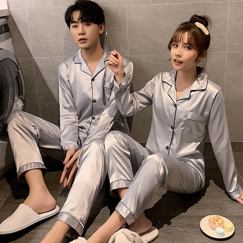 Sleepwear Couple Silk Satin Solid Color Pajama Sets Long Button-Down Pijama Plus Size Home Clothes Pyjamas Women Men Loungewear