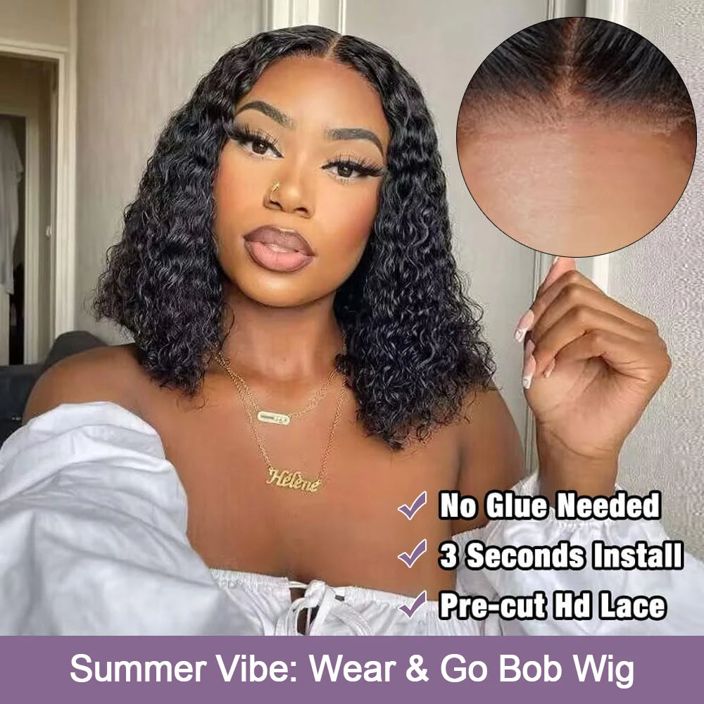 Human Hair Bob Pixie Cut Wig Double Knots Glueless Curly Water Wave 13x4 Pre-Cut Bleached No Glue Wig Remy 30s Easy Install