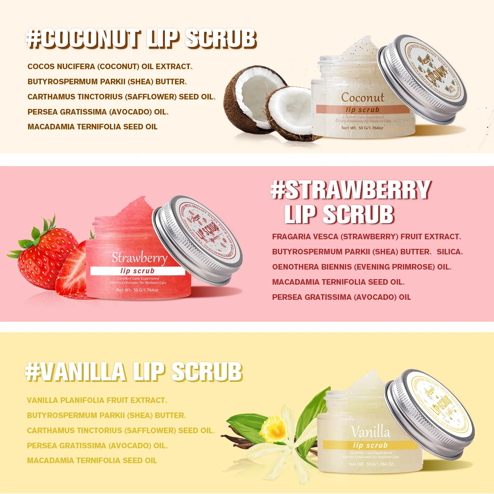 Lip scrub 50g brighten exfoliating lip  raspberry vanilla coconut watermelon lip moisturizing gift for women