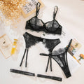 French Lace Lingerie Set 4-Piece Sexy Erotic Underwear with Sheer Bra & Garter Belt Hollow Out Seductive Matching Set for Women