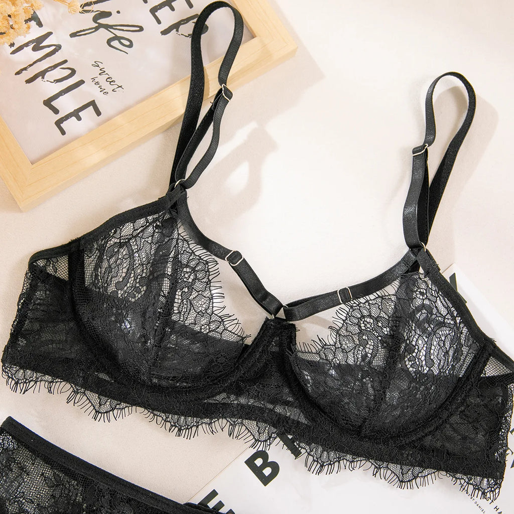 French Lace Lingerie Set 4-Piece Sexy Erotic Underwear with Sheer Bra & Garter Belt Hollow Out Seductive Matching Set for Women